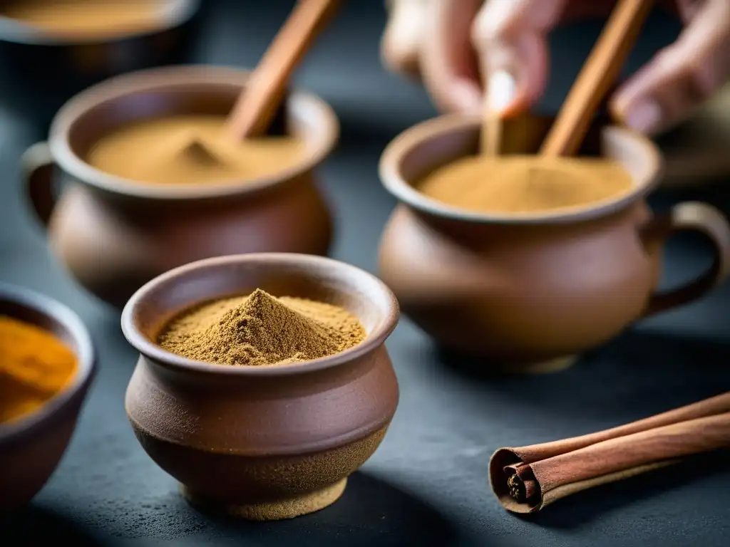 Una imagen detallada de la preparación tradicional del Masala Chai en tazas de barro, resaltando la mezcla de especias y su colorido