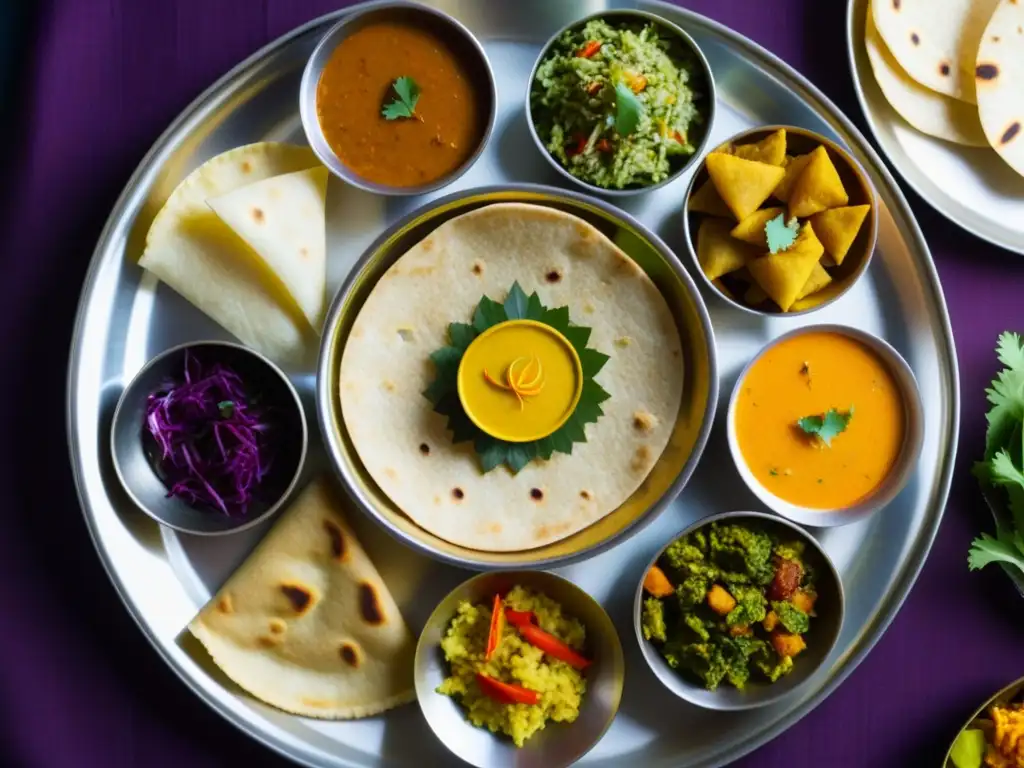 Una imagen detallada de un tradicional plato indio thali lleno de coloridos y aromáticos platos para la celebración de Maha Shivaratri