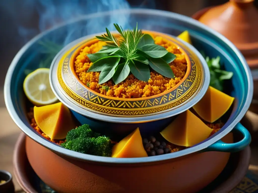 Una imagen detallada de un tradicional tagine marroquí, resaltando sus colores, texturas y la influencia árabe en cocina