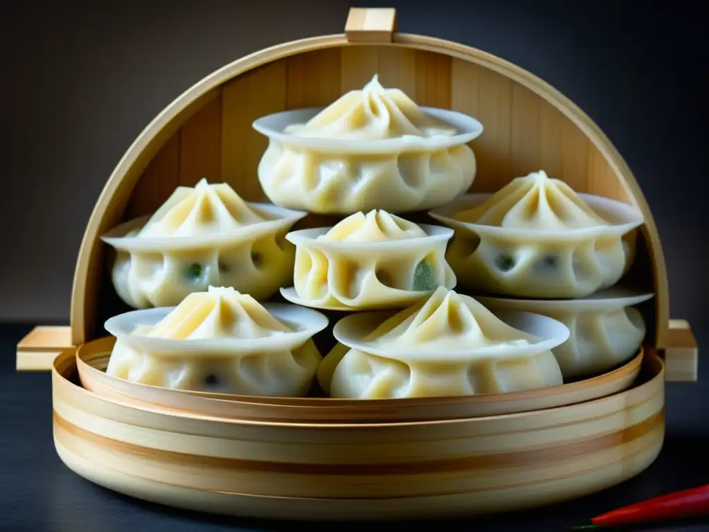 Una imagen detallada de un tradicional vaporera china con dumplings, bollos y verduras, resaltando las Técnicas de cocción al vapor