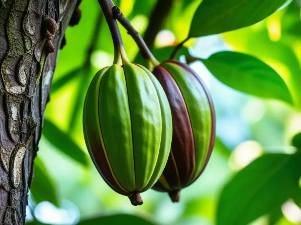 Una imagen detallada de vainas de cacao en una plantación caribeña, con hojas verdes vibrantes y luz filtrándose entre el dosel