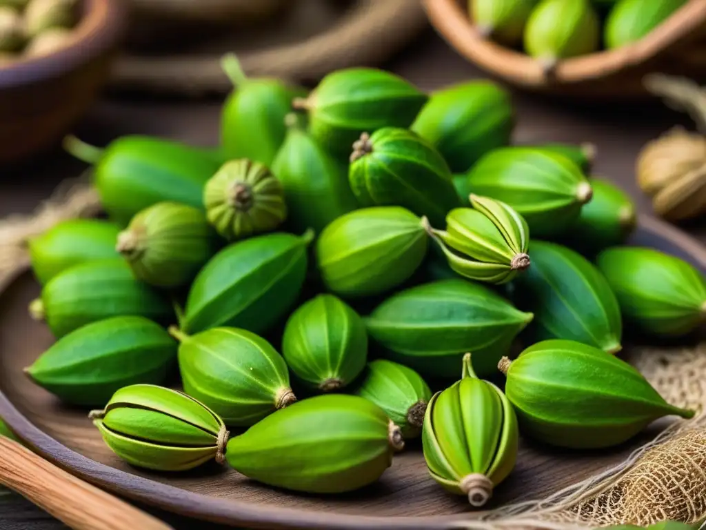 Una imagen detallada de vainas verdes de cardamomo, resaltando sus texturas y colores