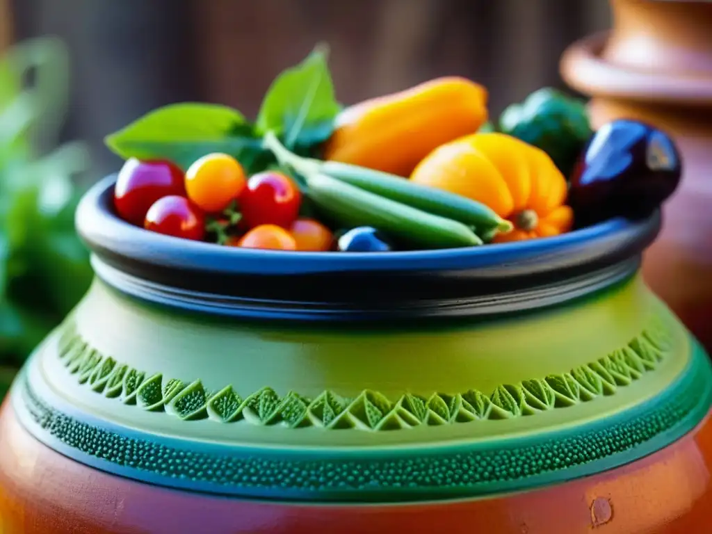 Una imagen detallada de una vasija de barro con frutas y verduras conservadas, evocando la conservación en fosas y bodegas