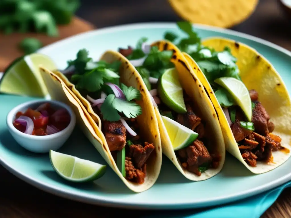 Una imagen detallada de un vibrante y colorido plato de tacos, fusionando sabores y culturas en la cocina época dorada