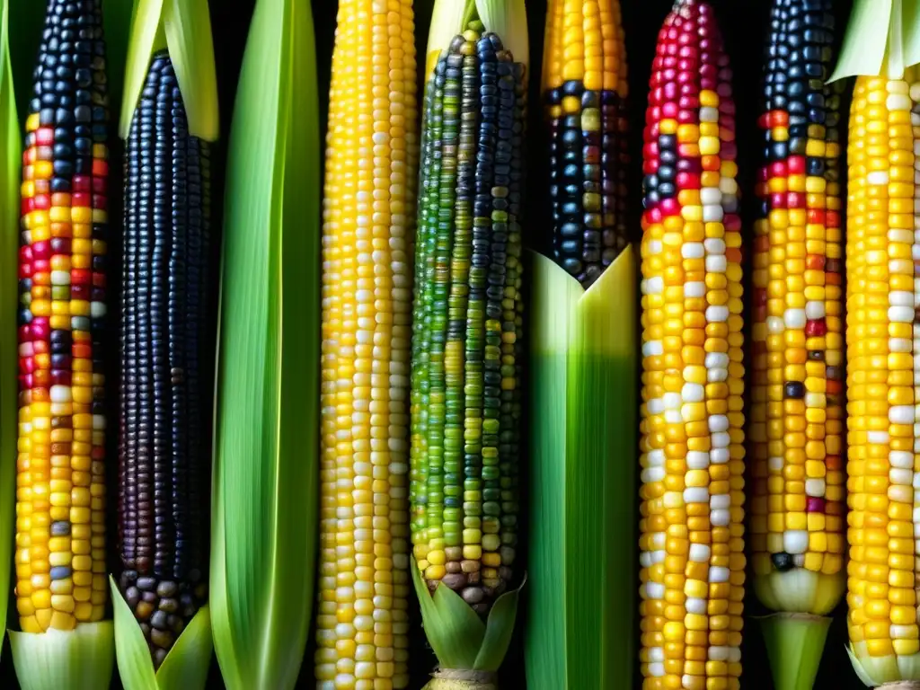 Una imagen detallada y vibrante que muestra la diversidad de variedades de maíz nativo en Latinoamérica, destacando la historia del maíz en la región