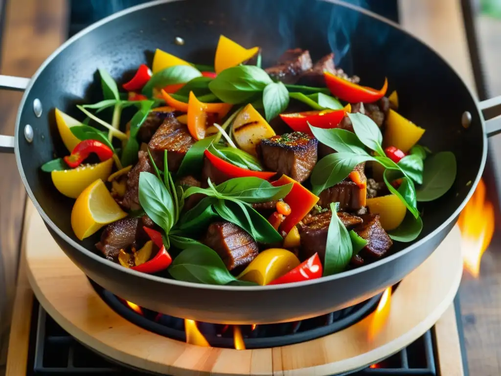 Una imagen detallada de un wok asiático tradicional con ingredientes vibrantes, en una escena de mercado asiático bullicioso