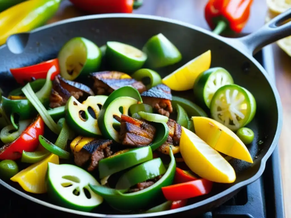 Una imagen de fajitas chispeantes en un sartén de hierro, con verduras y carne sazonada, en una cocina TexMex