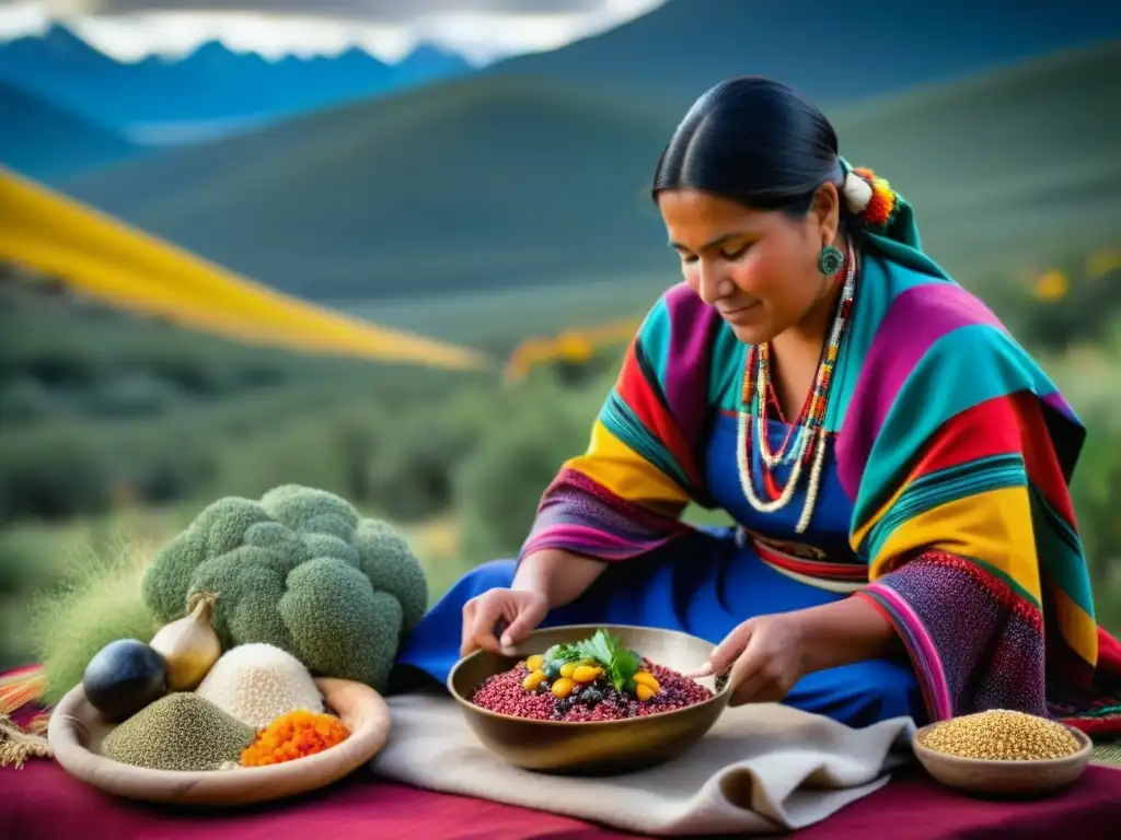 Una imagen impactante de una mujer indígena Tehuelche elaborando un plato patagónico con ingredientes autóctonos, en armonía con el paisaje patagónico