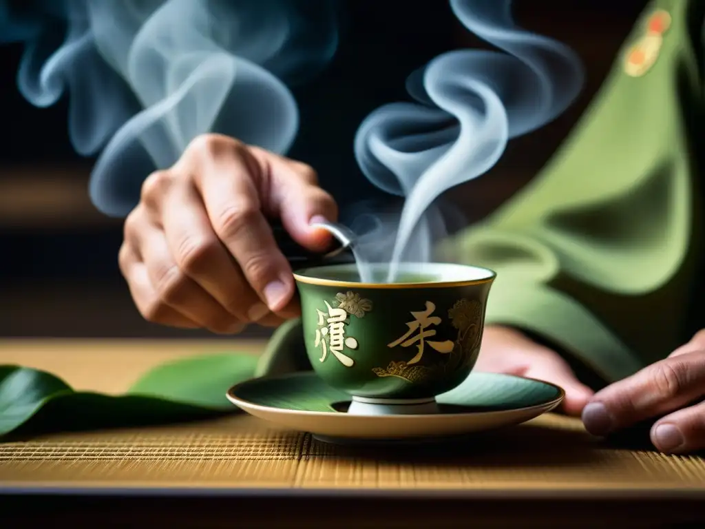 La imagen muestra la mano de un samurái sosteniendo una taza de té verde, con detalles y luz que resaltan la importancia del té en la era samurái