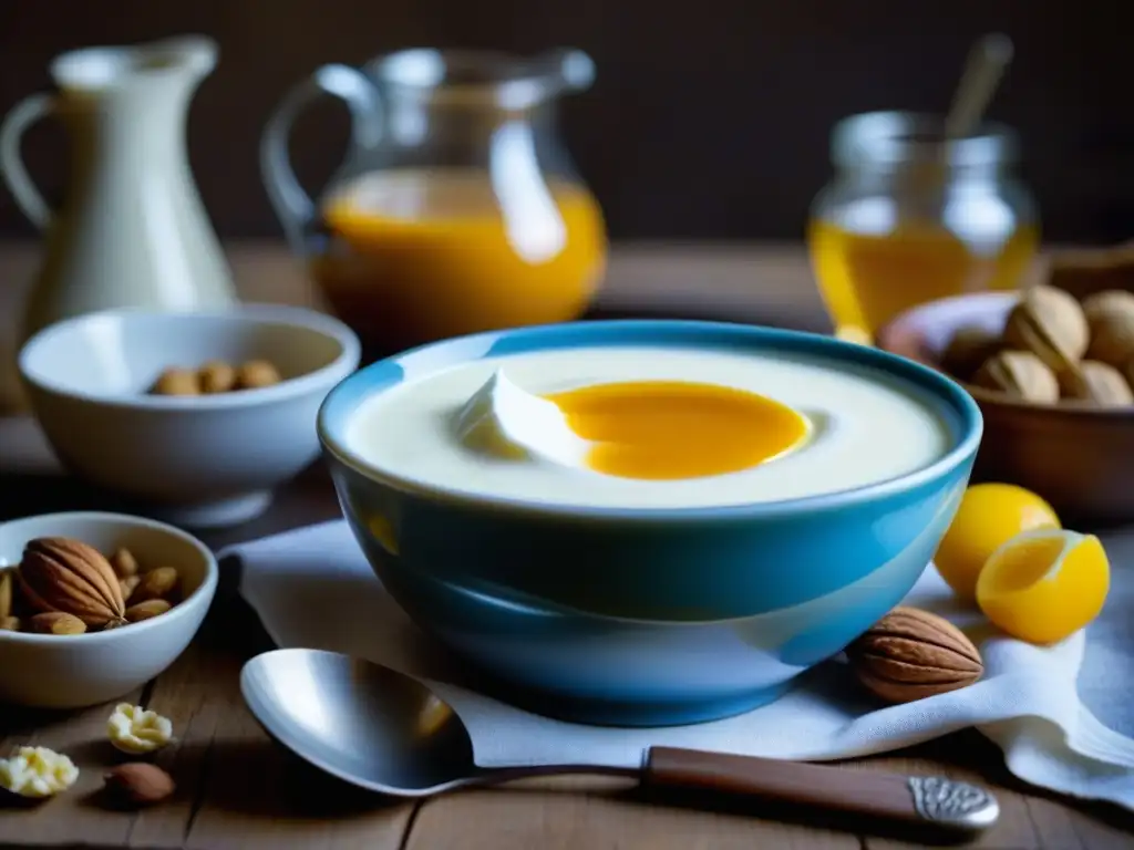 Deliciosa frescura: Yogur armenio en entorno tradicional Una imagen de origen histórico del yogur armenio: cuenco de yogur casero rodeado de miel, nueces y higos, bañado en luz natural