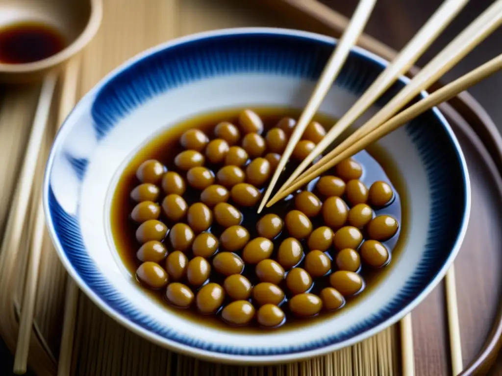 Una imagen en primer plano de un plato de natto brillante y pegajoso, mostrando los beneficios del consumo de natto