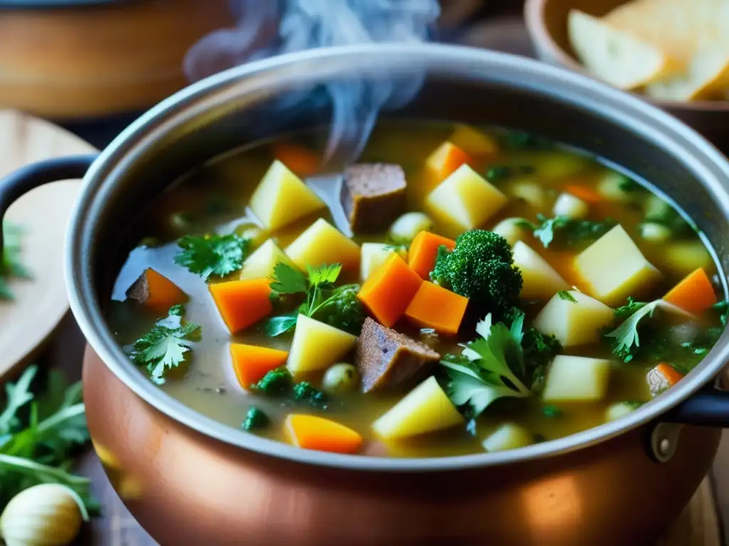 Una imagen de una sopera renacentista llena de una sabrosa sopa, con verduras, hierbas y carnes, en una cocina rústica iluminada por velas