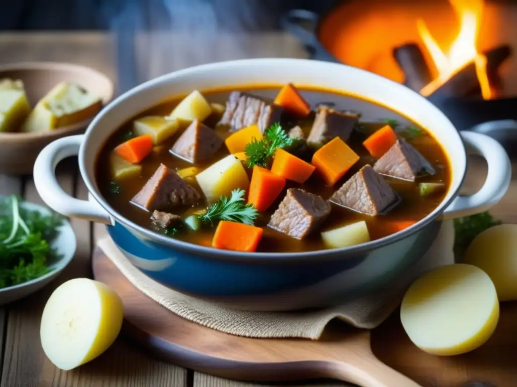 Una imagen de cerca de un tazón de estofado vikingo humeante, con trozos de carne tierna, verduras y especias tradicionales