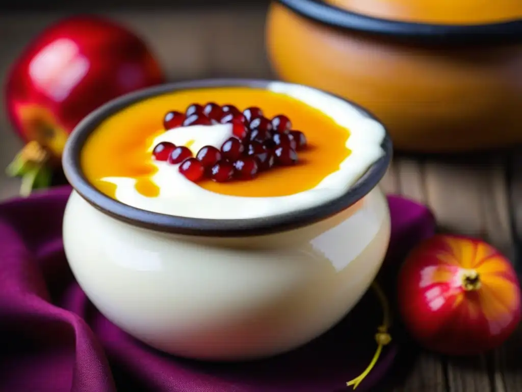 Una imagen de un tradicional recipiente de barro lleno de yogur, adornado con azafrán y granadas