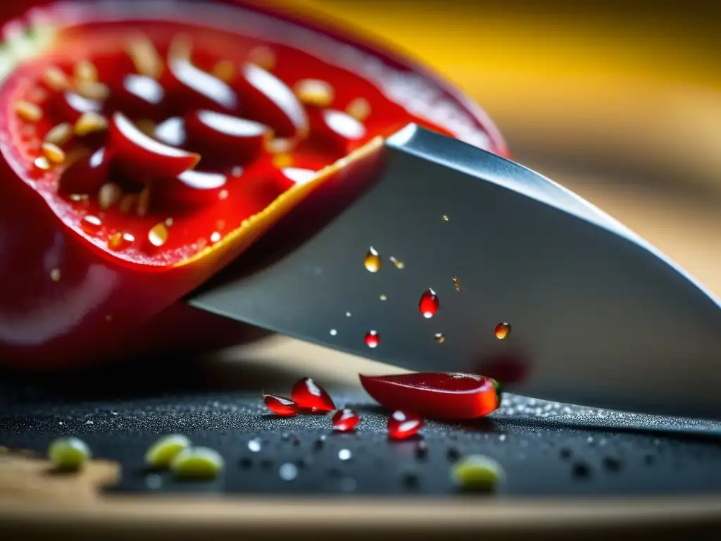 Una impactante foto detallada de un chile rojo siendo cortado con un cuchillo, resaltando la belleza de sus semillas, carne y piel