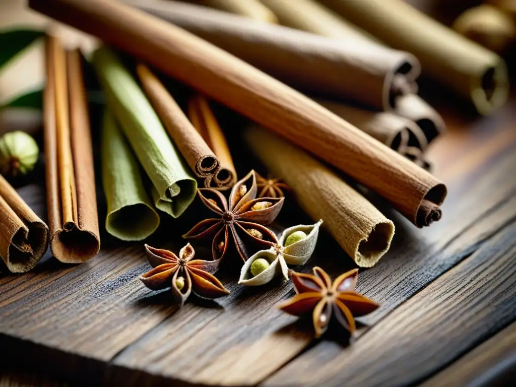 Impacto de especias en la cocina europea: Detalle vibrante y aromático de canela, anís estrellado, clavos, cardamomo y pimienta en mesa rústica