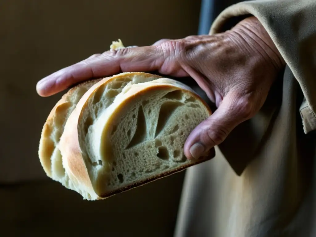 Impacto en la industria alimentaria durante la Gran Depresión: mano desgastada recibe pan en cocina comunitaria