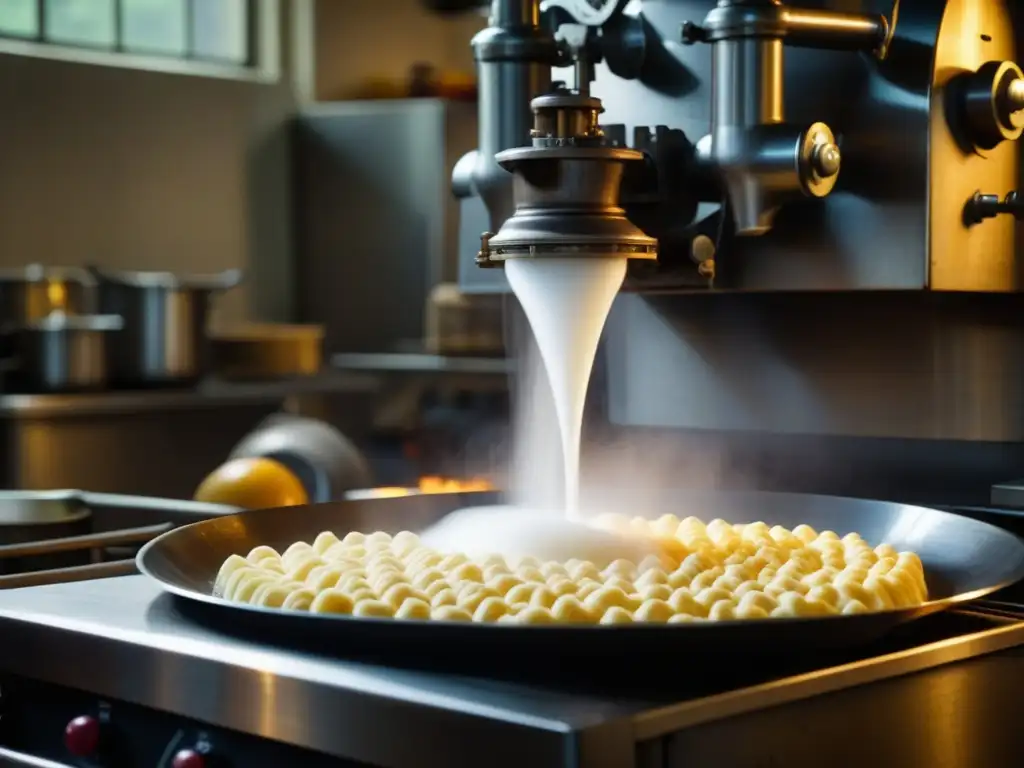 Impacto de la revolución industrial en la cocina: detallada imagen de una cocina industrial vintage llena de maquinaria a vapor procesando alimentos