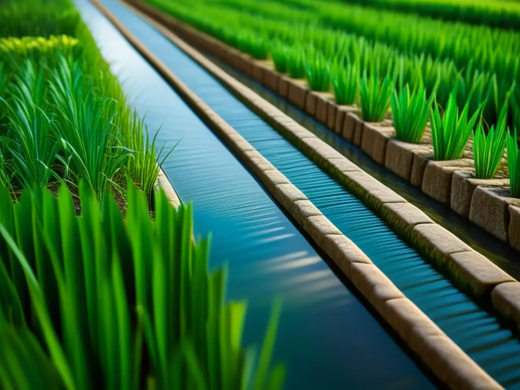 Impacto de los sistemas de irrigación en la alimentación de la civilización Inca: canales tallados en piedra con agua fluyendo entre cultivos vibrantes