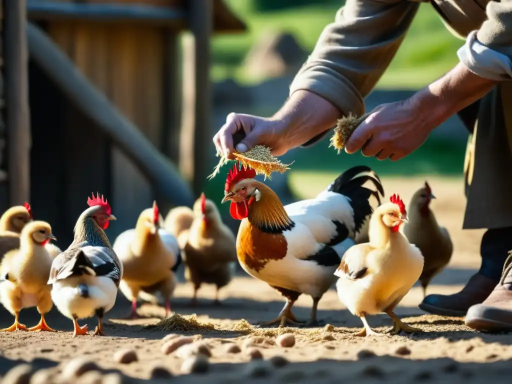 La importancia de los animales en la dieta medieval: un granjero alimentando a las gallinas en un patio rústico y soleado