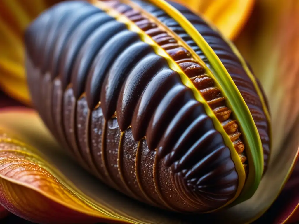 La importancia del cacao en la economía y rituales aztecas, capturada en la textura y color de un exquisito fruto recién cosechado