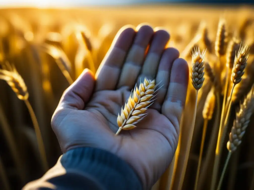 La importancia del cultivo de cereales y prácticas sostenibles: Detalle de un grano de trigo dorado sobre la mano de un agricultor, resaltando la conexión entre la tierra y la cosecha