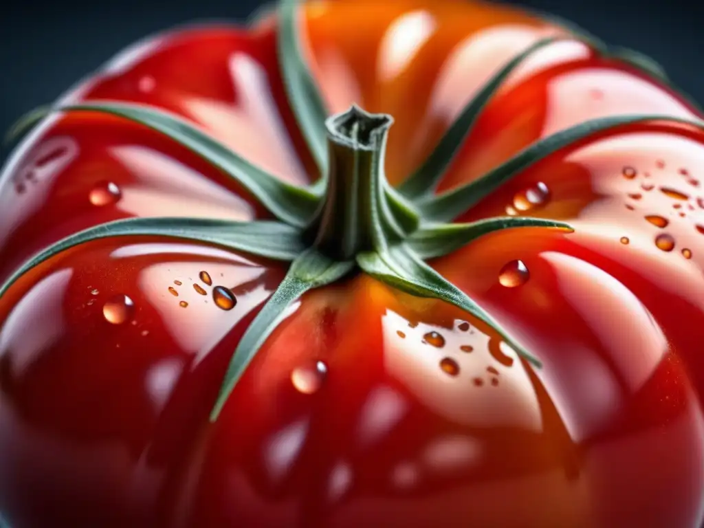 La importancia cultural de los alimentos americanos se refleja en la belleza de un tomate rojo maduro, brillante y detallado bajo la luz natural