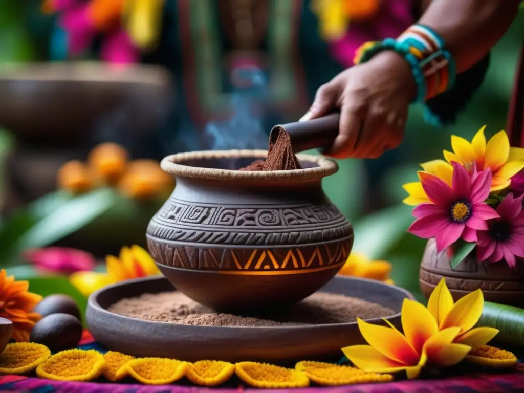 Inmersión en la importancia cultural de las ceremonias mayas con cacao: vasija ceremonial, cacao, flores y textiles vibrantes