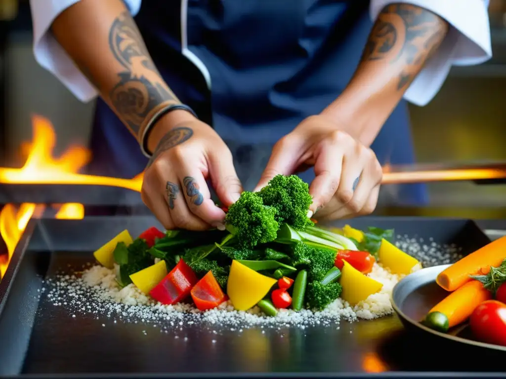 La importancia cultural de la gastronomía: las manos expertas de un chef preparando un plato tradicional con detalles únicos