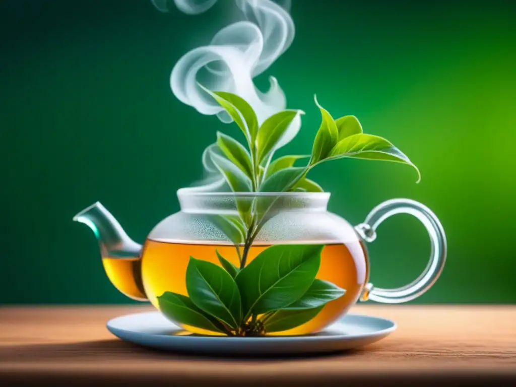 La importancia histórica del consumo de té se refleja en la delicadeza de una hoja desplegándose en agua caliente, resaltando sus venas verdes y vapor