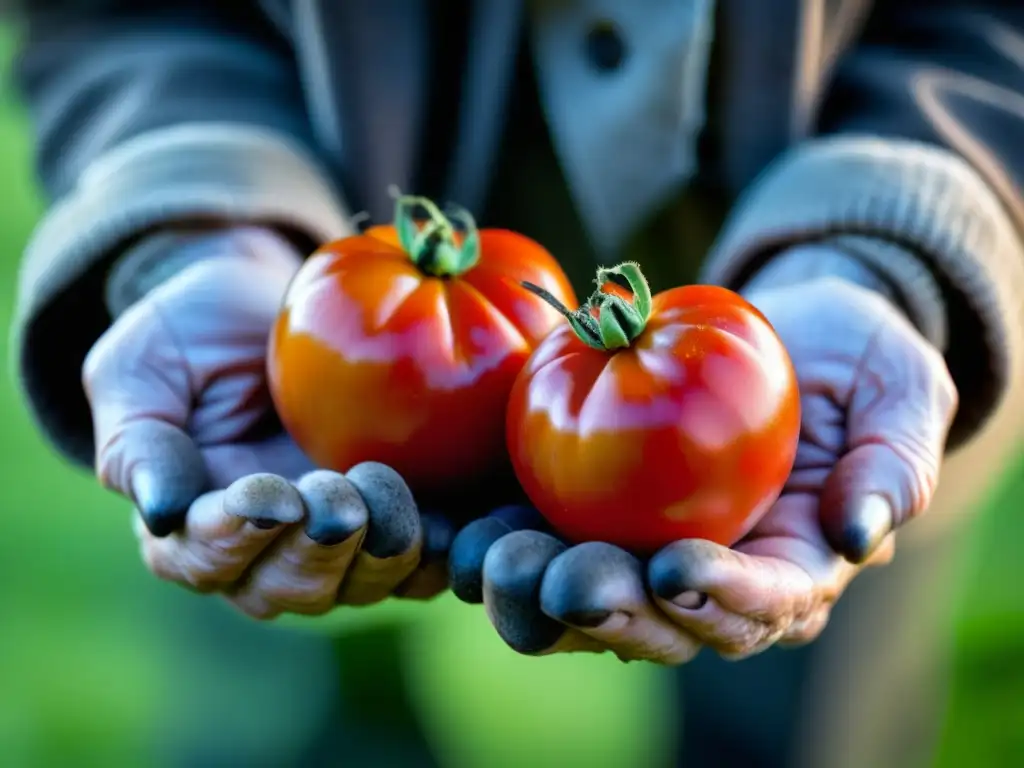 La importancia de los huertos familiares en los años 30: manos arrugadas sostienen un tomate recién cosechado, reflejando tradición y esperanza