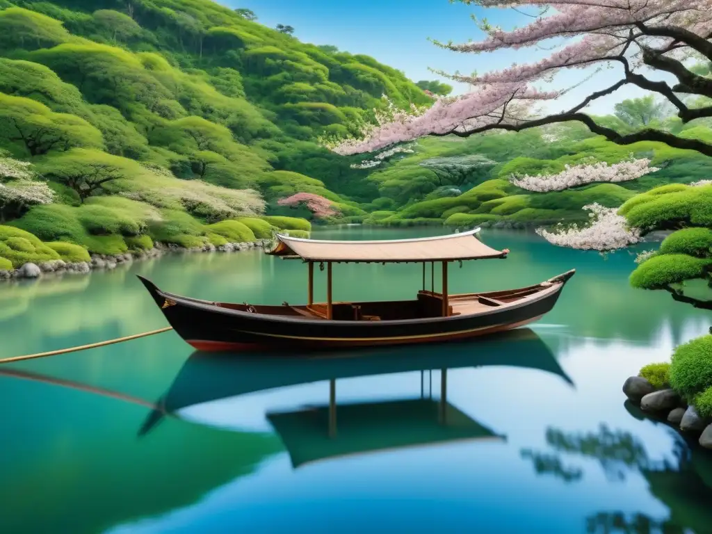 La importancia de la pesca en la dieta durante la Era Edo se refleja en esta detallada imagen de un tradicional barco japonés de madera flotando serenamente en un río