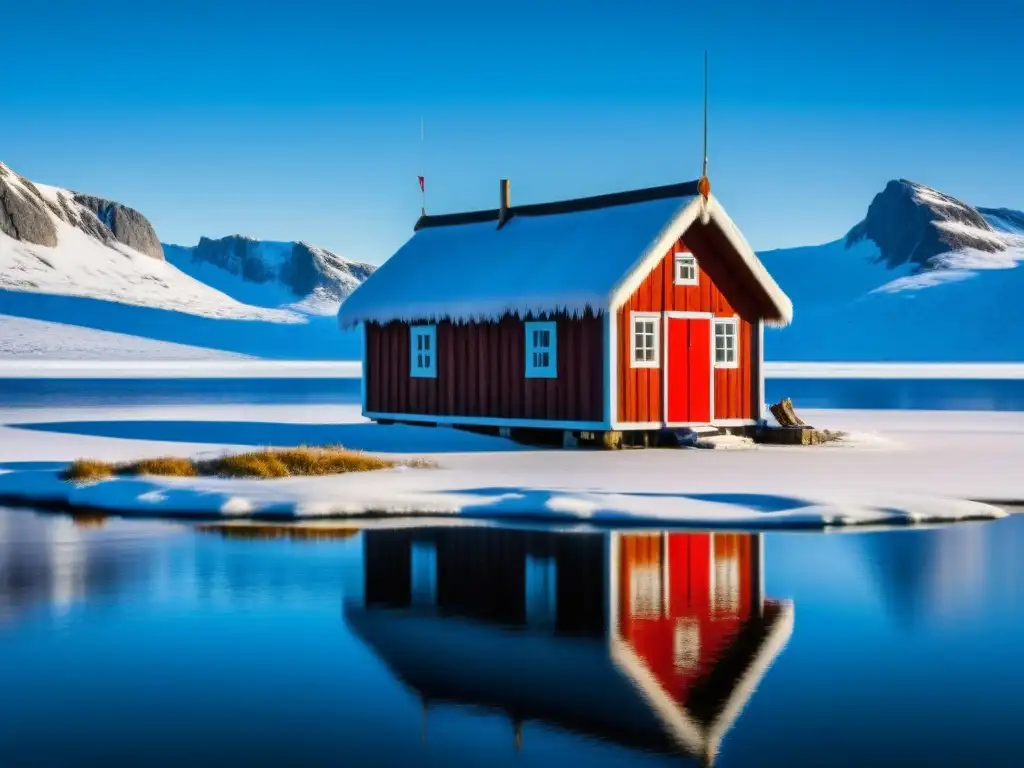 Importancia de la pesca en hielo en la cocina escandinava: Hut de pesca solitaria en lago congelado, paisaje helado y cielo azul