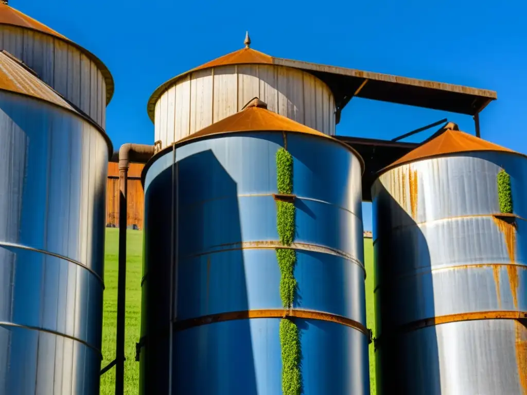 Importancia de silos tradicionales en sostenibilidad alimentaria, detallando estructura y historia, bajo cielo azul y campo de trigo verde