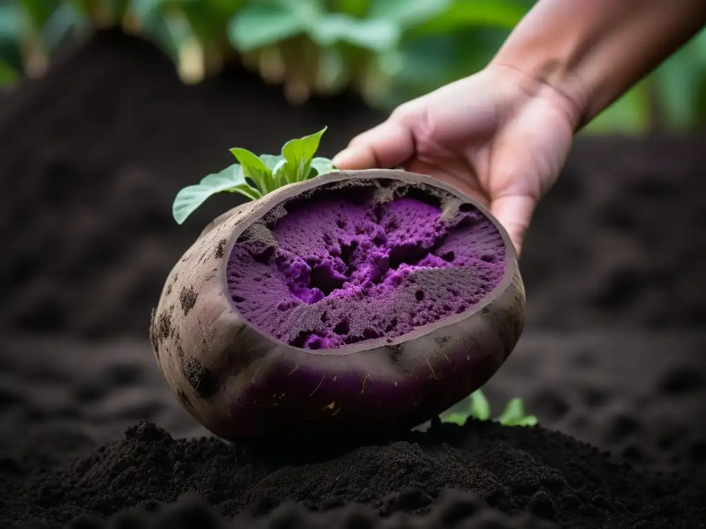 La importancia de los tubérculos en la historia cultural, capturada en la cosecha de una vibrante batata morada