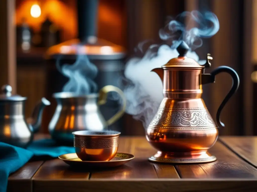 Impresionante cafetera de cobre del Imperio Otomano con vapor de café recién hecho