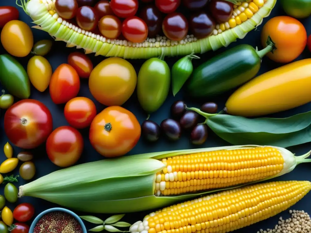 Una impresionante exhibición de cultivos orgánicos ancestrales impacto: tomates, quinoa, maíz y frijoles, resaltando diversidad y belleza natural