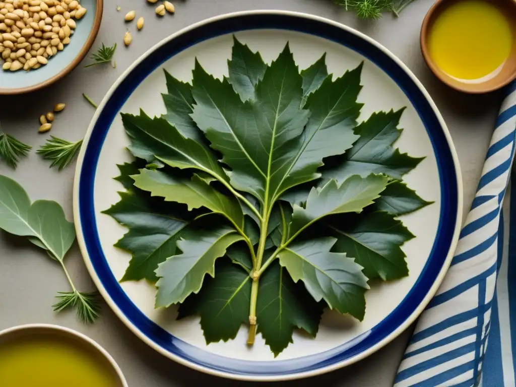 Una impresionante imagen de una antigua plato griego con hojas de uva rellenas rodeado de ánforas de aceite de oliva y miel