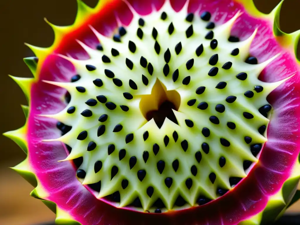 Una impresionante imagen detallada de una pitahaya cortada, resaltando su patrón de piel, colores y textura jugosa