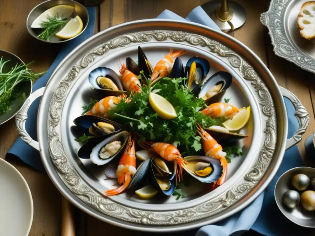 Una impresionante mesa de cocina medieval repleta de pescados y mariscos, adornada con hierbas y utensilios de cocina