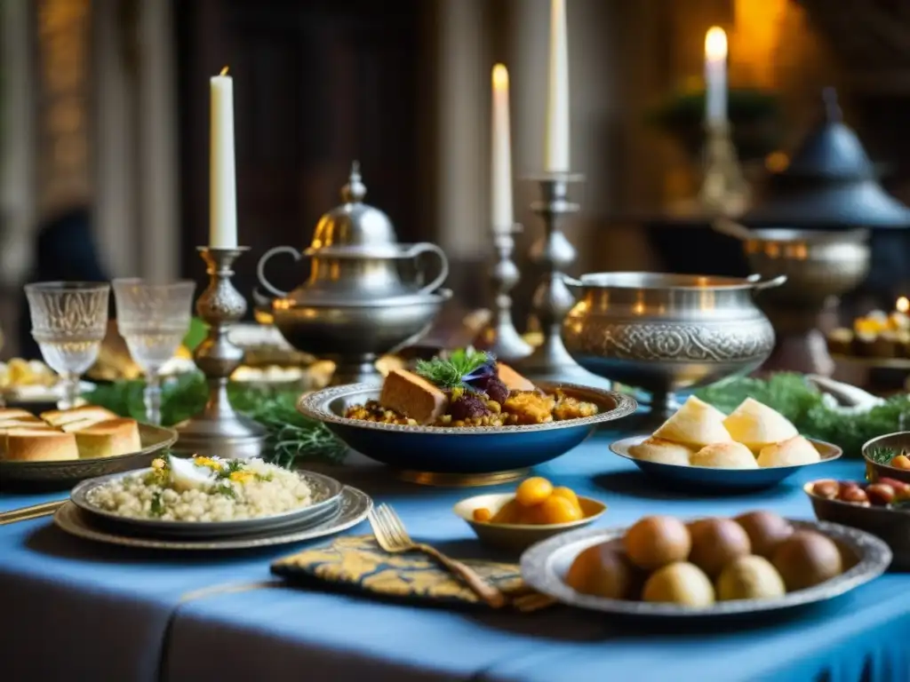 Impresionante mesa medieval con platos históricos y cubiertos ornamentados