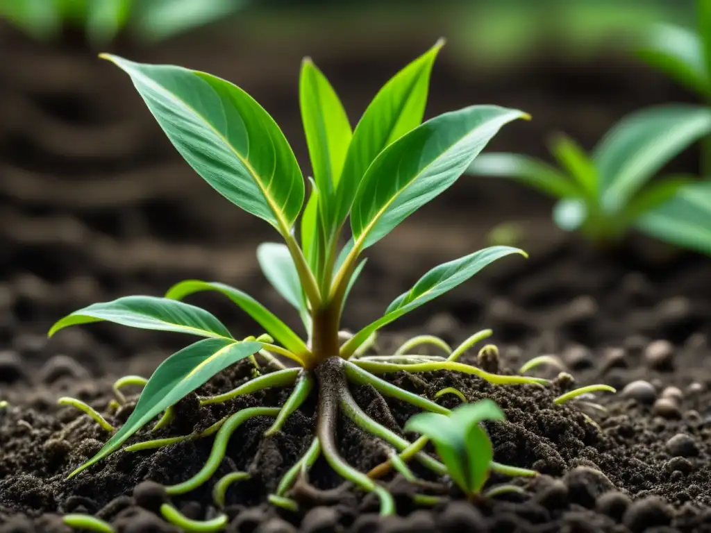 Impresionante planta de jengibre verde en suelo fértil