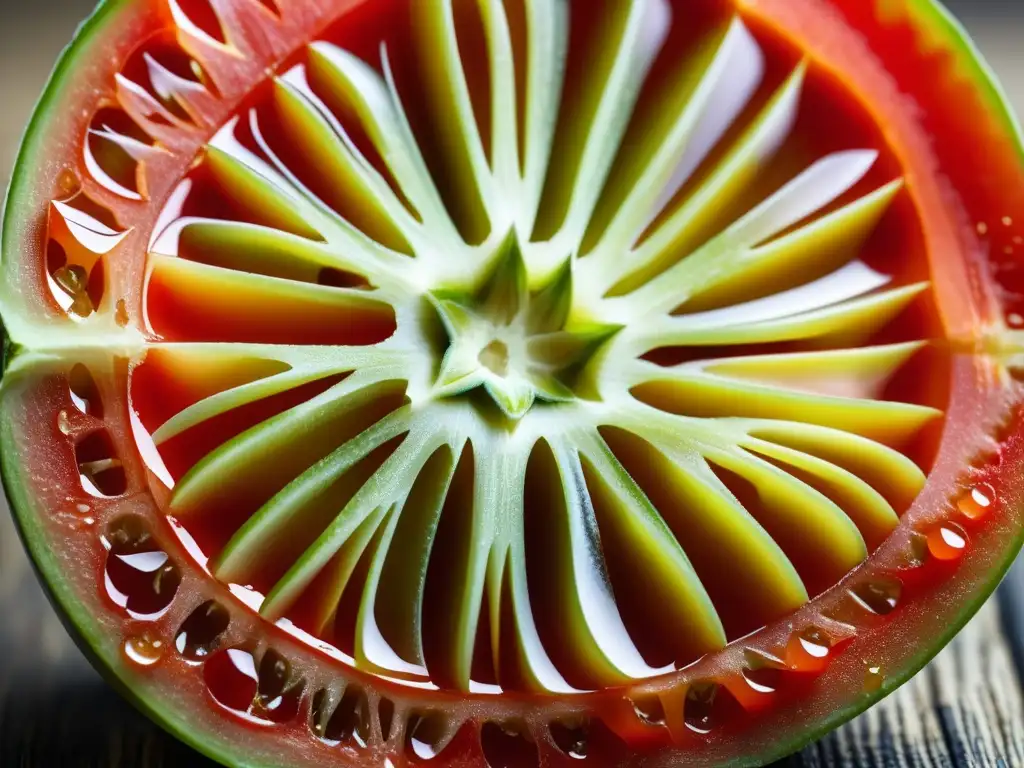 Increíble macro de un tomate maduro en una tabla de madera rústica, mostrando sus patrones de semillas y jugos frescos