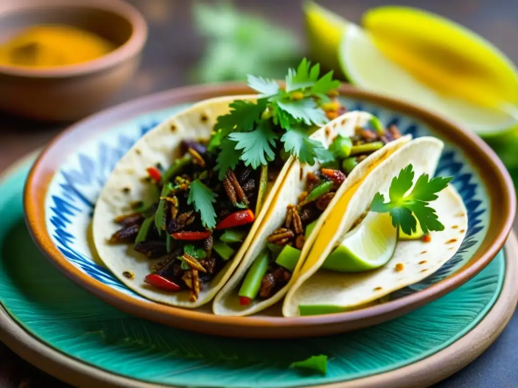 Increíble taco de chapulines azteca con detalles vibrantes