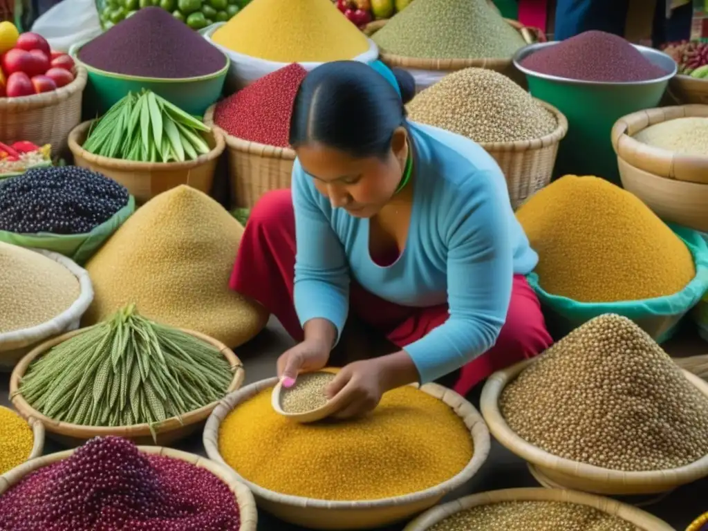 Un indígena Chibcha selecciona alimentos tradicionales en un bullicioso mercado colombiano, destacando la dieta diversa Chibchas geografía colombiana