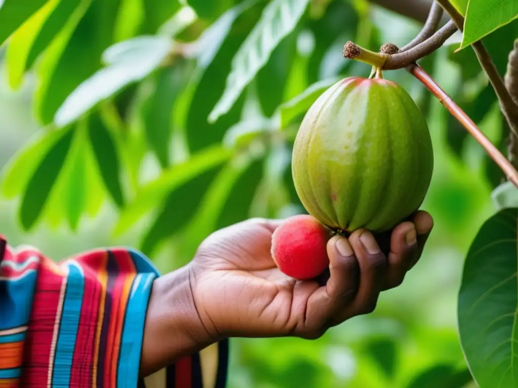 Un indígena Chibcha cosechando guayabas en la exuberante naturaleza colombiana, destacando la dieta diversa Chibchas geografía colombiana