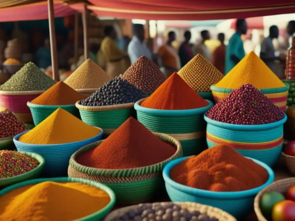 Influencia africana en cocina europea: Escena vibrante de mercado africano con especias y frutas coloridas