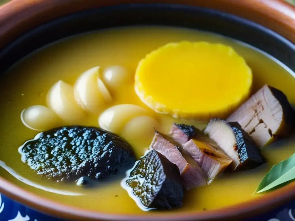 Influencia africana en Sancocho Dominicano: Olla burbujeante con vibrantes colores y texturas del tradicional plato dominicano