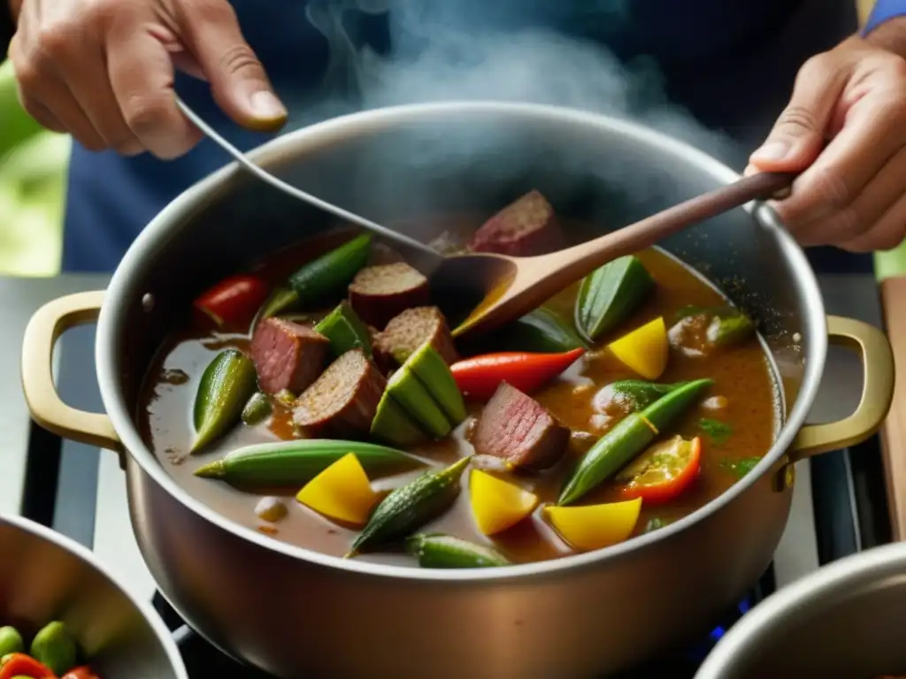 Sabores y texturas: Chef sazona gumbo con maestría Influencia de la gastronomía africana en el sur de Estados Unidos: manos de chef sazonando gumbo