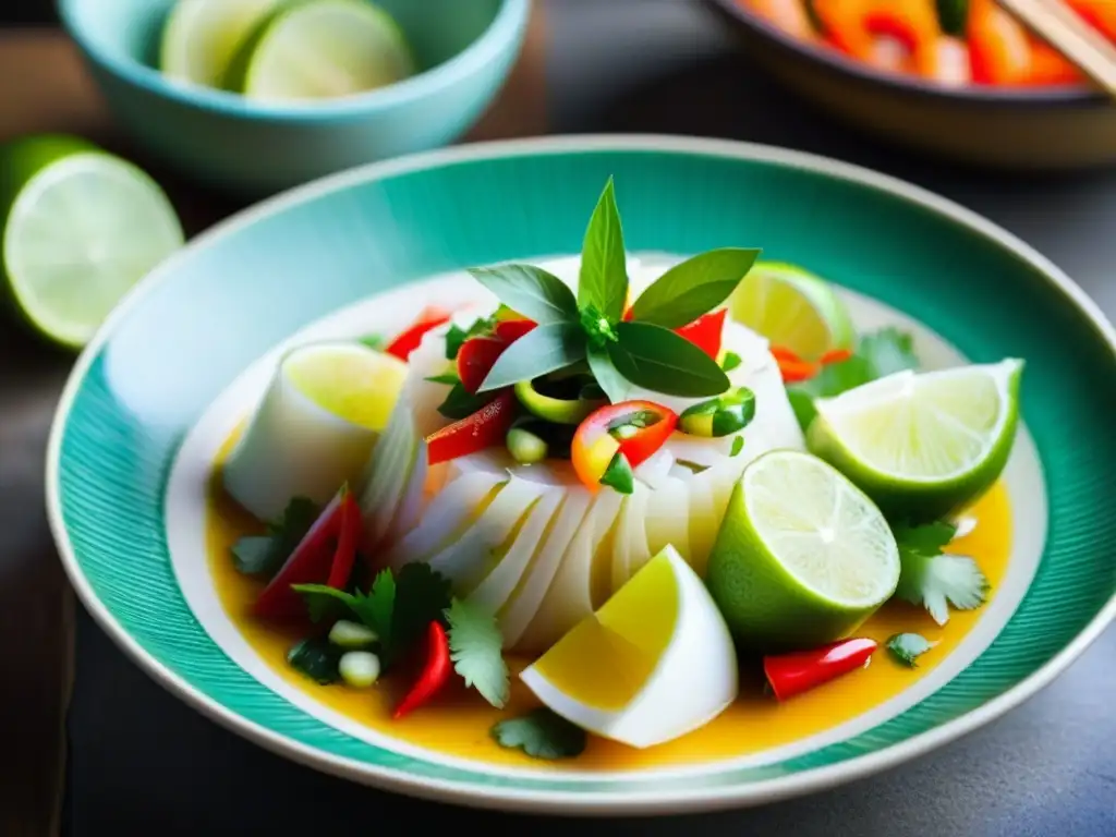 Influencia de la inmigración asiática en la cocina peruana: Detallado ceviche peruano con toques asiáticos en una vistosa presentación